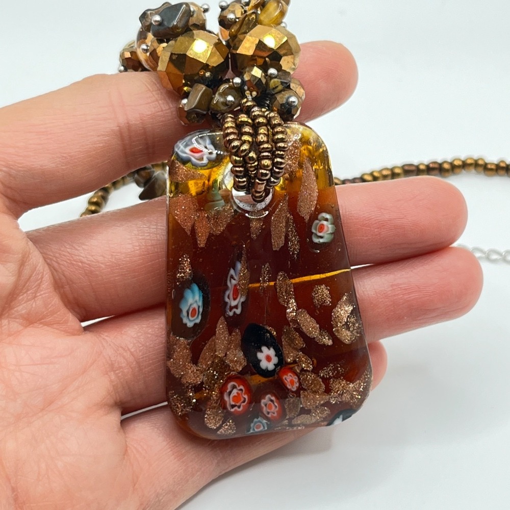 Erica Lions Brown Millefiori Style Glass Pendant Beaded Necklace 20" - Picture 12 of 14